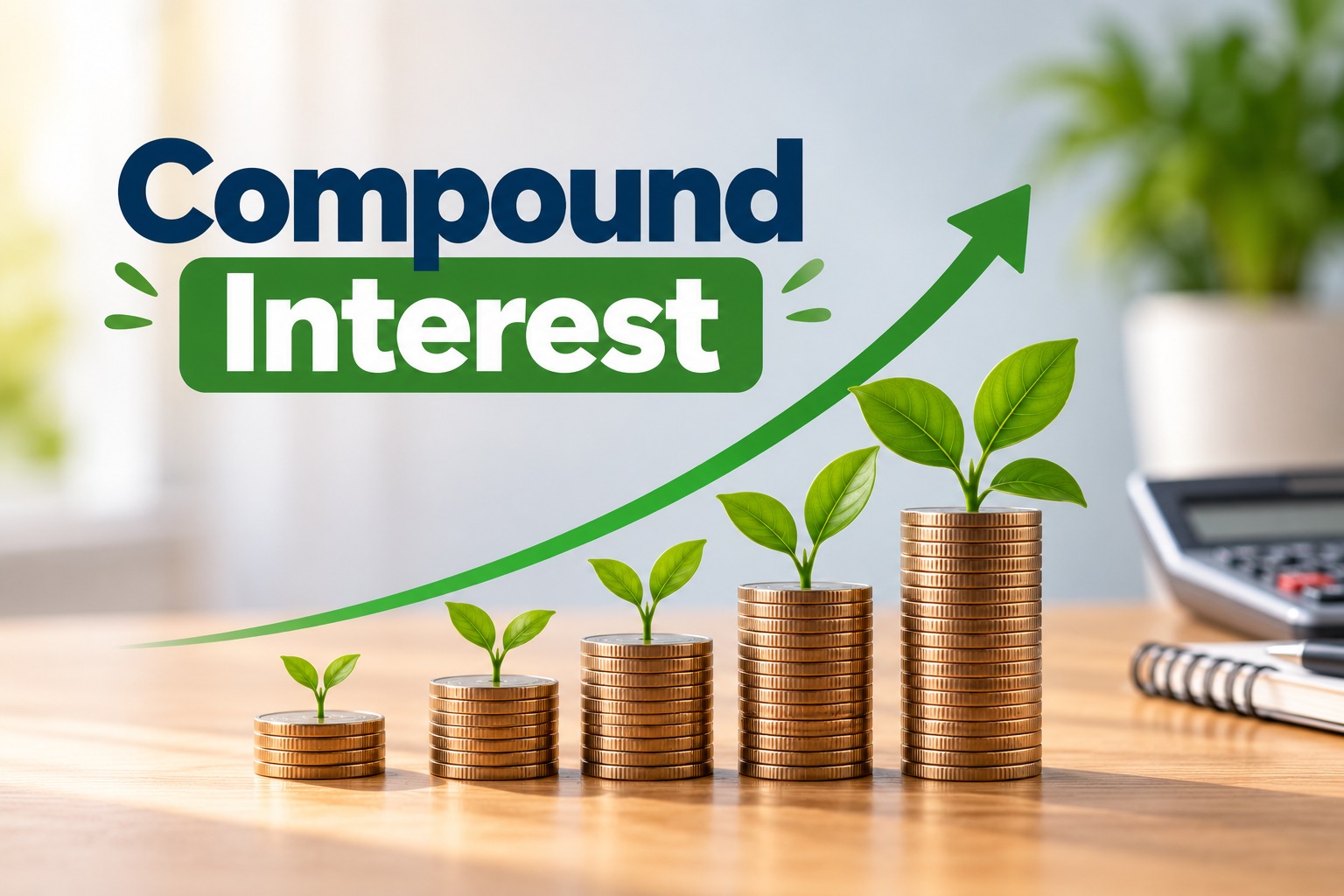 Compound interest explained with investment growth, interest on interest, savings, compounding frequency and long-term financial growth.